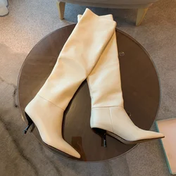 Slip On Woman Boots Pointed Toe Women's Daily Shoes Sexy High Heel Nightclub Party Pleated Solid Warm Winter Knee High Boots
