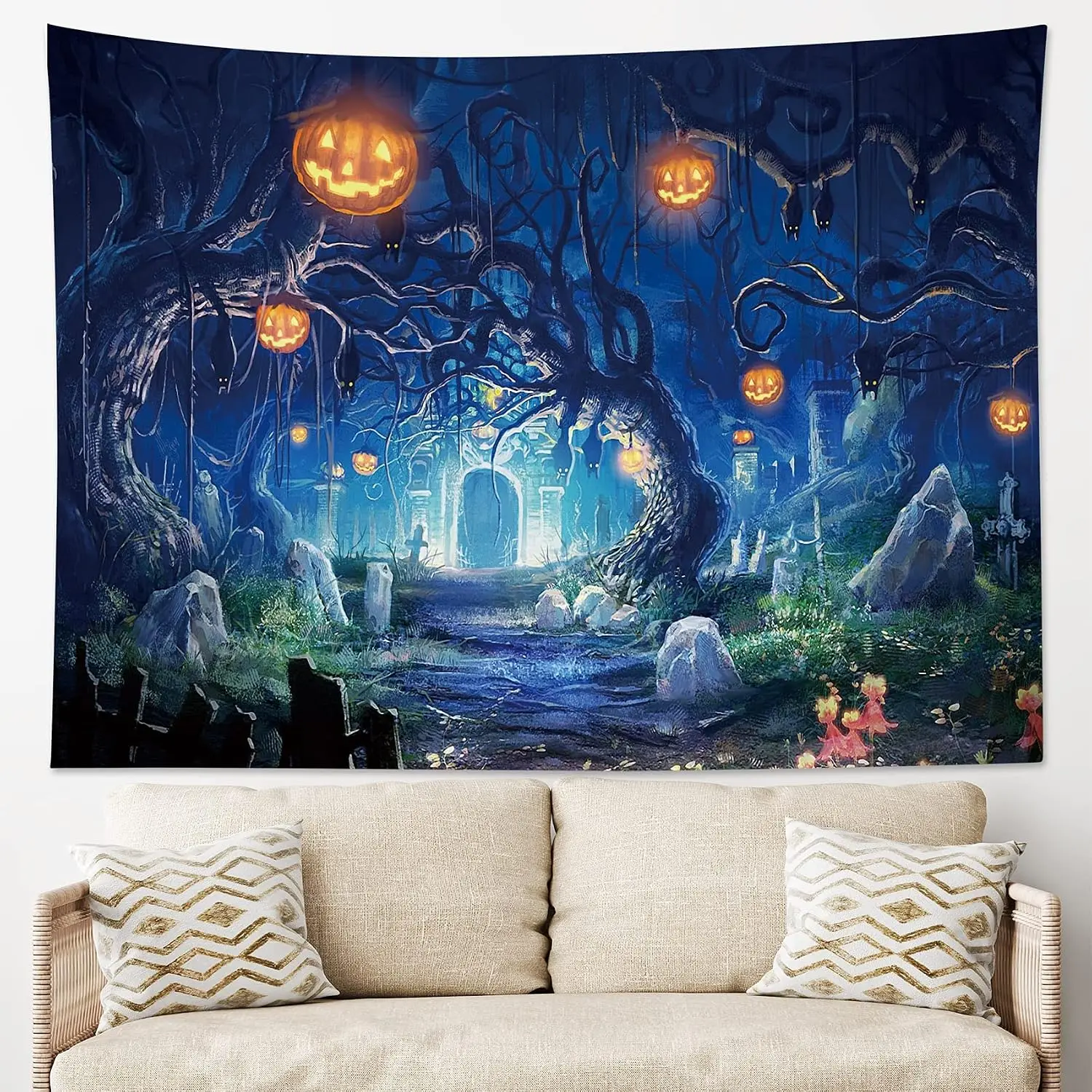 Dark Halloween Woods Tapestry, Glowing Pumpkin Lantern Tombstone Wall Hanging, Mysterious Night Scene Background Cloth Decor