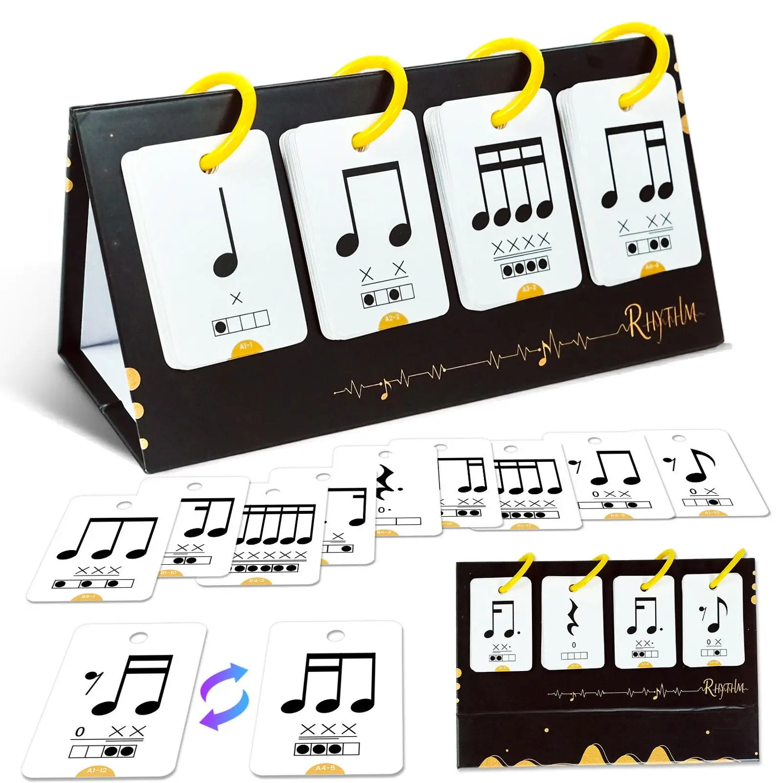 Visuele muziek-flashcards, notenkaarten, muziektheorie-ritmecards, ritmo-oefenkaarten voor gitaarschools