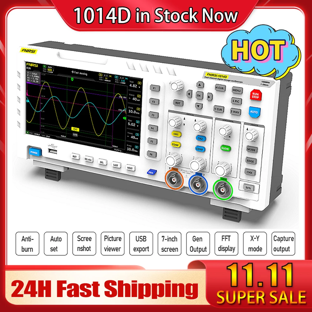 FNIRSI 1014D Portable Digital Oscilloscope 2 In 1 Dual Channel Input Signal Generator Desktop Oscilloscope 1GSa/s Sampling Rate