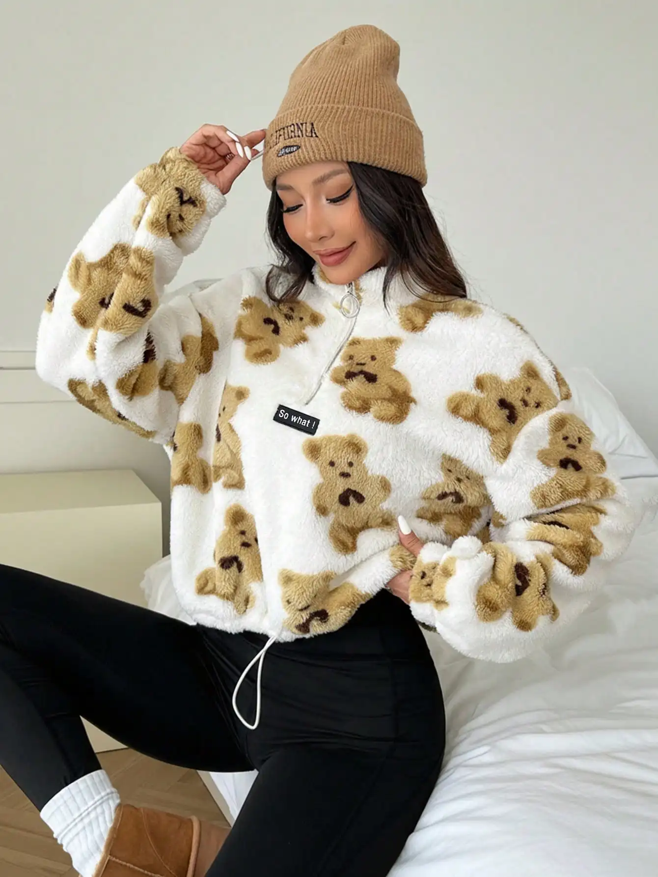 

Женский плюшевый пуловер с принтом плюшевого мишки на молнии, уютный зимний топ с длинными рукавами