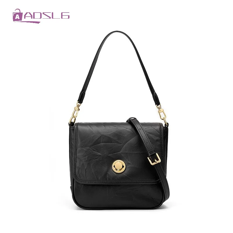 New Cowhide Underarm Womens Senior Sense Ruched Black Leisure Compact Portable Retro Tote Bag Crossbody Shoulder Bags Female