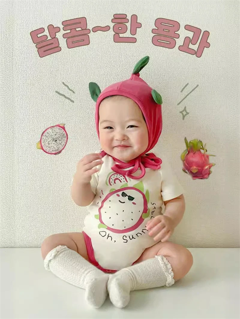 

Funny Pitaya Print Baby Clothes Rompers For Boys Girls Cotton Short Sleeves Bodysuit Cartoon Child Jumpsuits Clothing With Hat