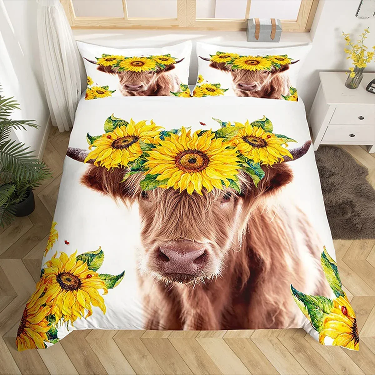 Highland Cattle Duvet Cover Set Cute Floral Cow Twin Bedding Set Yellow Sunflower Comforter Cover Animal Polyester Quilt Cover