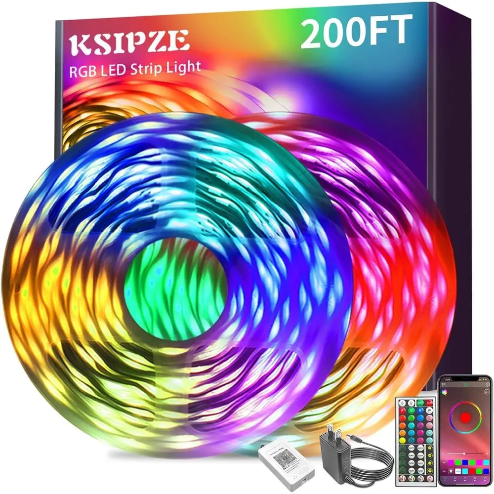 

Светодиодные ленты 200 светодиодов (2x100 светодиодов) RGB с синхронизацией музыки, изменением цвета, Bluetooth и управлением через смарт-приложение, для кровати