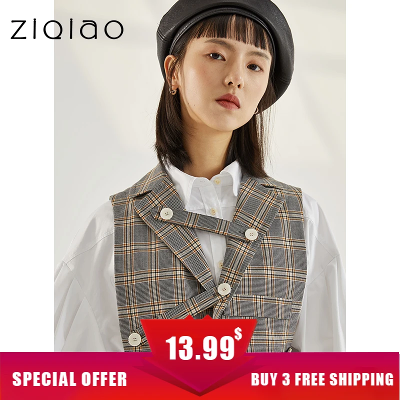 ZIQIAO Japanese Women Plaid Button Embellished V-neck Short Vests