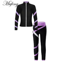 Girls Figure Skating Costume Long Sleeve Jacket with Practice Leggings Pants for Yoga Running Professional Competition Training