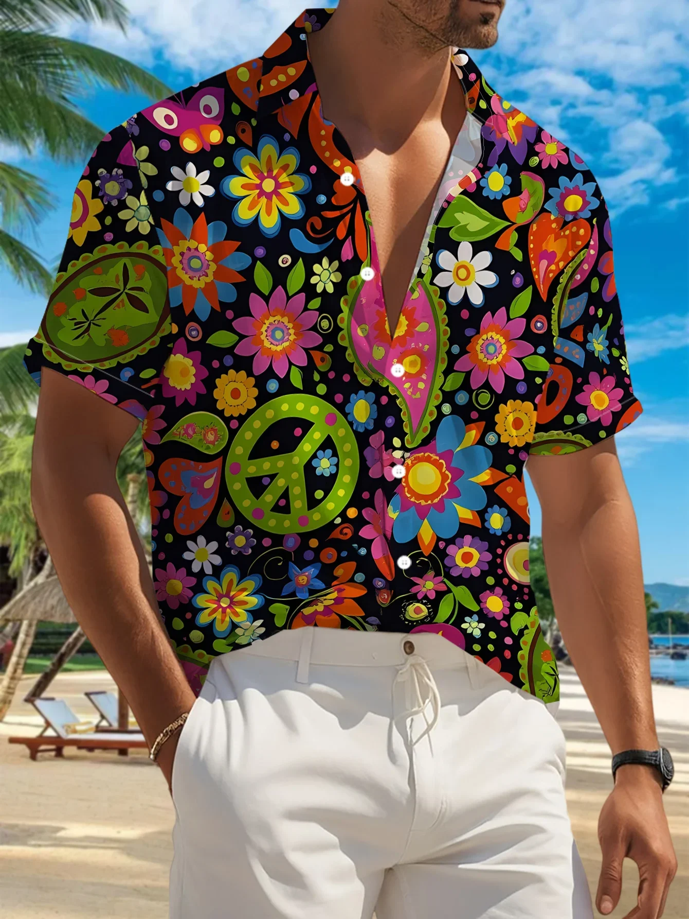 Hippie Peace Love Daisy Full Print Men Hawaiian Shirt Thin Short Sleeve Camp Collar Loose Retro Summer Beach Vacation Shirts