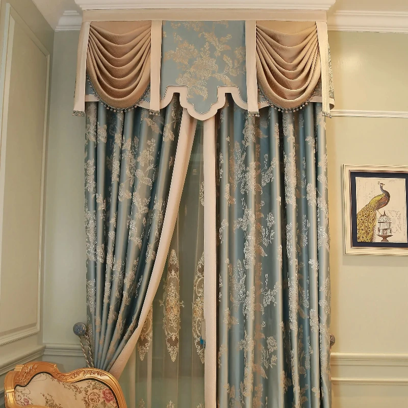 Customized Blue Jacquard Patched Curtains For Living Room Bedroom French Window Balcony Floating Window Finished Products
