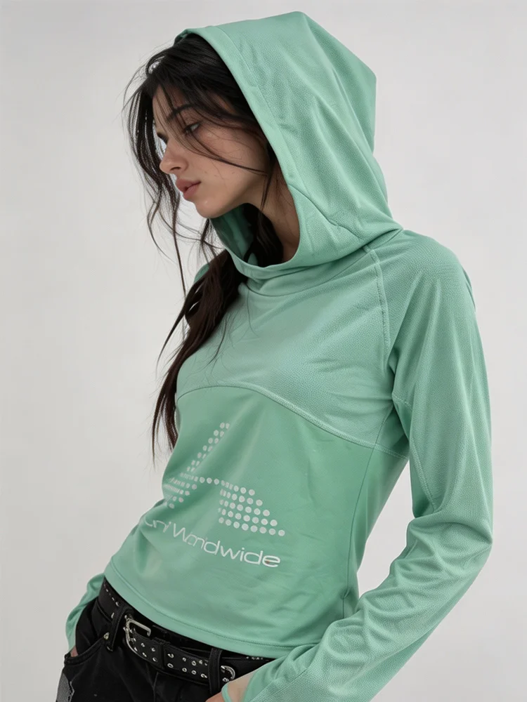 Winter Women Y2K Streetwear Mint Green Hooded Long Sleeve Slim Fit Lightweight Breathable Pullover Top Casual Sports Hoodie Wear - view 4