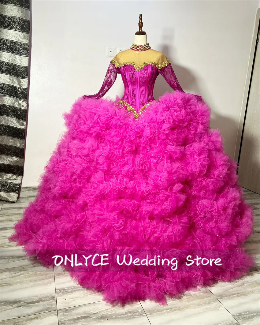 

Luxury Fuchsia Ball Gown Prom Dress Bead Crystals Ruffles Party Dresses Woman Long Sleeves Birthday Gown Customized