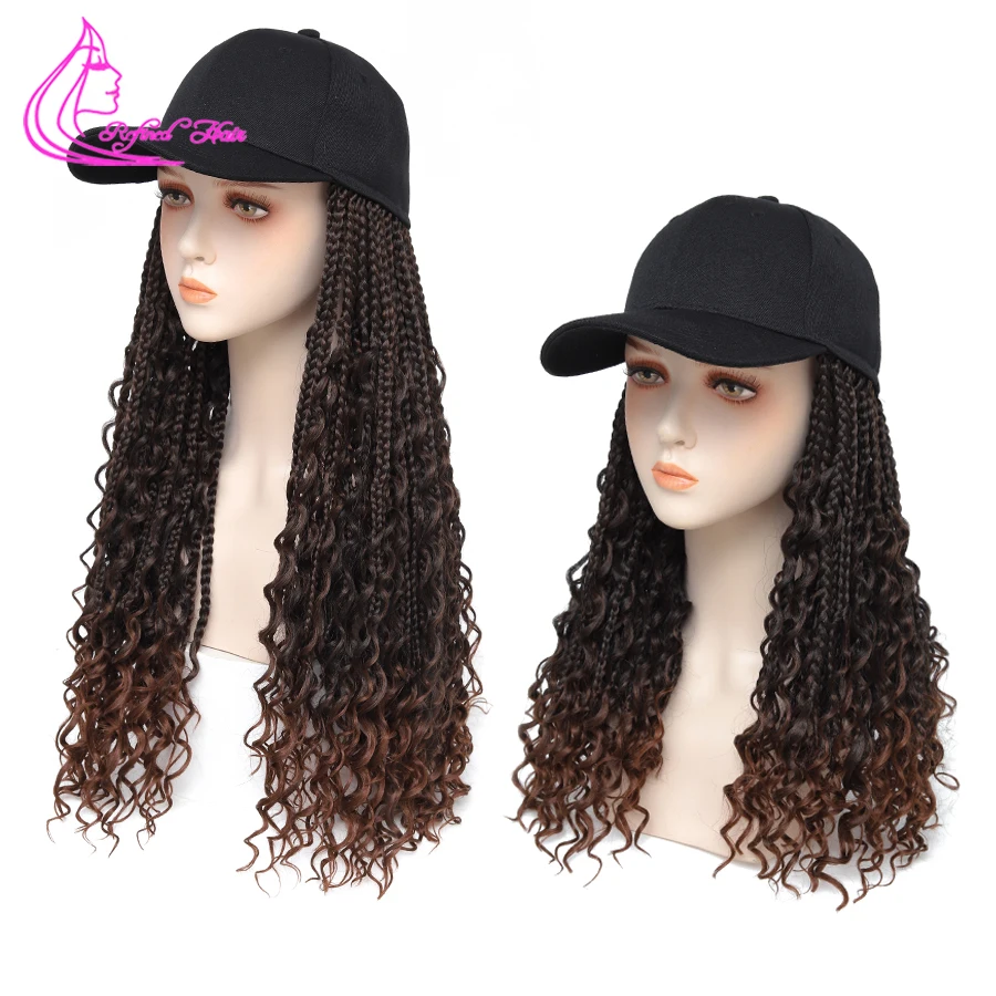 Synthetic Wigs Boho Braids Hat Wig Baseball Cap with Curly Ends Knotless Box Braiding Hair For Black Woman Ombre Black Brown