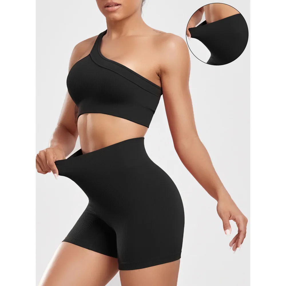 

CHRLEISURE Seamless Sports Set Women Fitness Outfit Rib Yoga Suit Running Bra without Pad with Workout Leggings Gym Sportswear