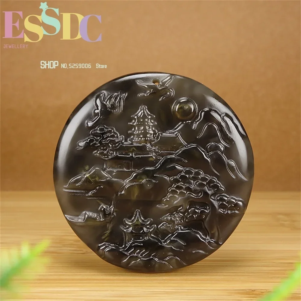 Natural Hotan Jade Landscape Poetic and Picturesque Dark Green Pendant Artistic Conception Brand Car Hanging for Men and Women