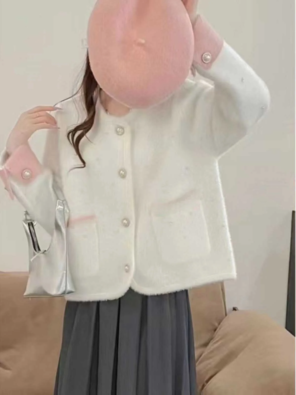 Modny kolorowy sweter z dzianiny Blo, damski płaszcz jesienno-zimowy, nowy, elegancki, zdobiony koralikami, puszysty kardigan z dzianiny Tr...