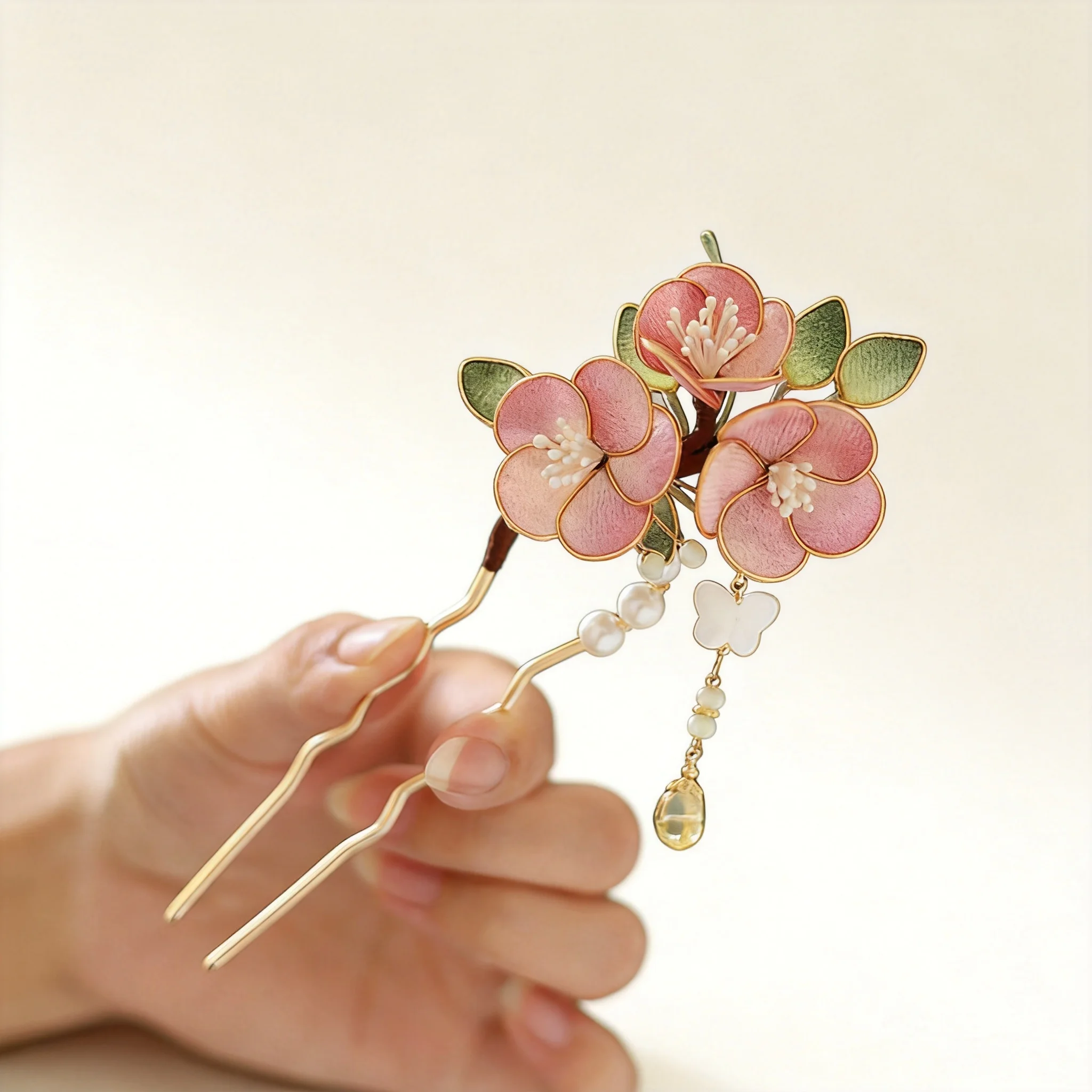 Chinese Style Lucky Pink Peach Blossom Pearl Butterfly Tassel U Shaped Hairpin Hanfu Cheongsam Bridal Hair Accessory For Women