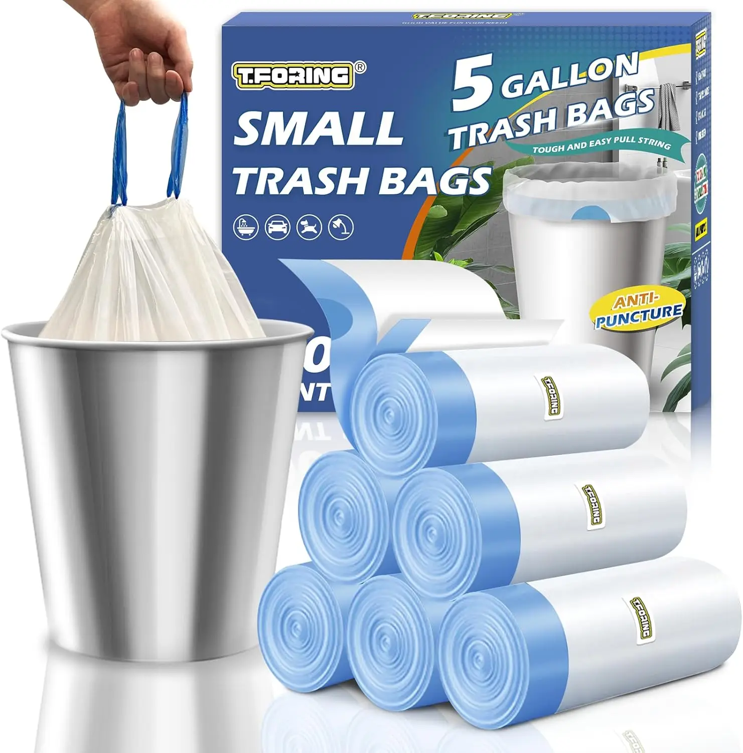 

5 Gallon Drawstring Trash Bags, 120 Count, 1.1 Mil Thick, Unscented White Liners for Small Cans in Bathroom Kitchen Office