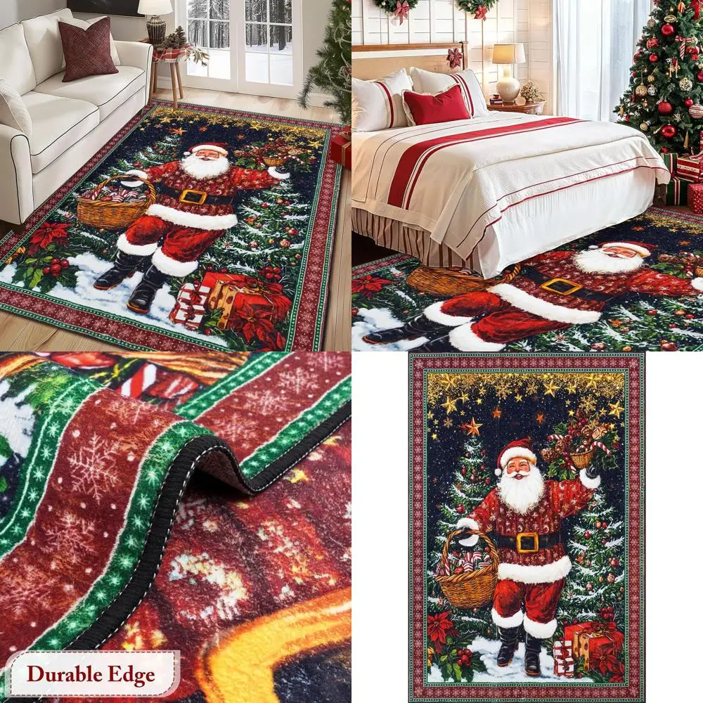 

5x7ft Christmas Rug with Santa & Tree, Non-Slip, Soft Low Pile for Home Decor