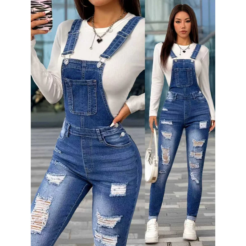 

Cross-border European and American foreign trade best-selling women's stretch slim-fit ripped denim overalls with skinny legs