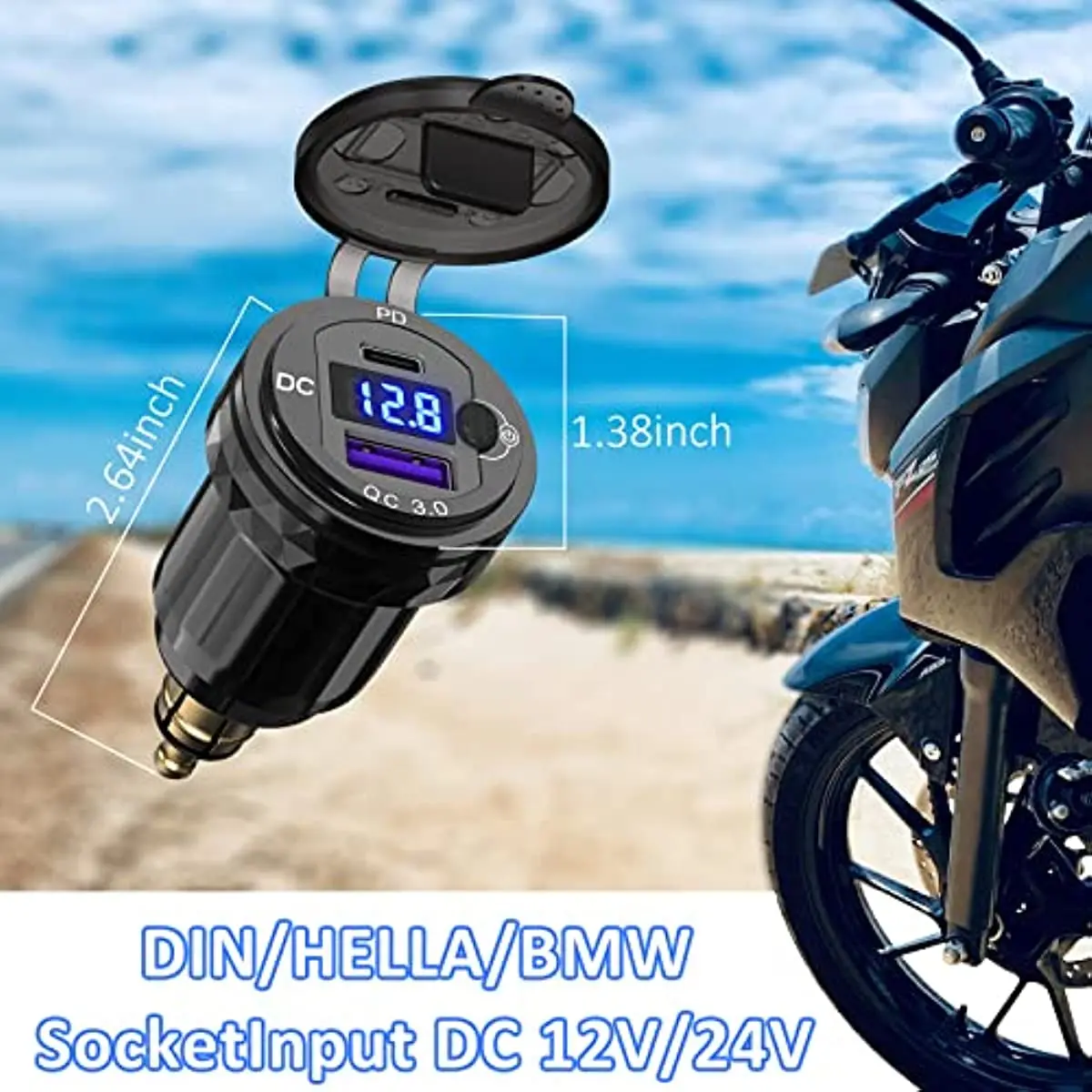 Waterproof Hella Din Plug to USB ON-Off Switch 30W USB C PD3.0 QC3.0 Quick Charge Voltmeter Ducati Triumph BMW Motorcycle