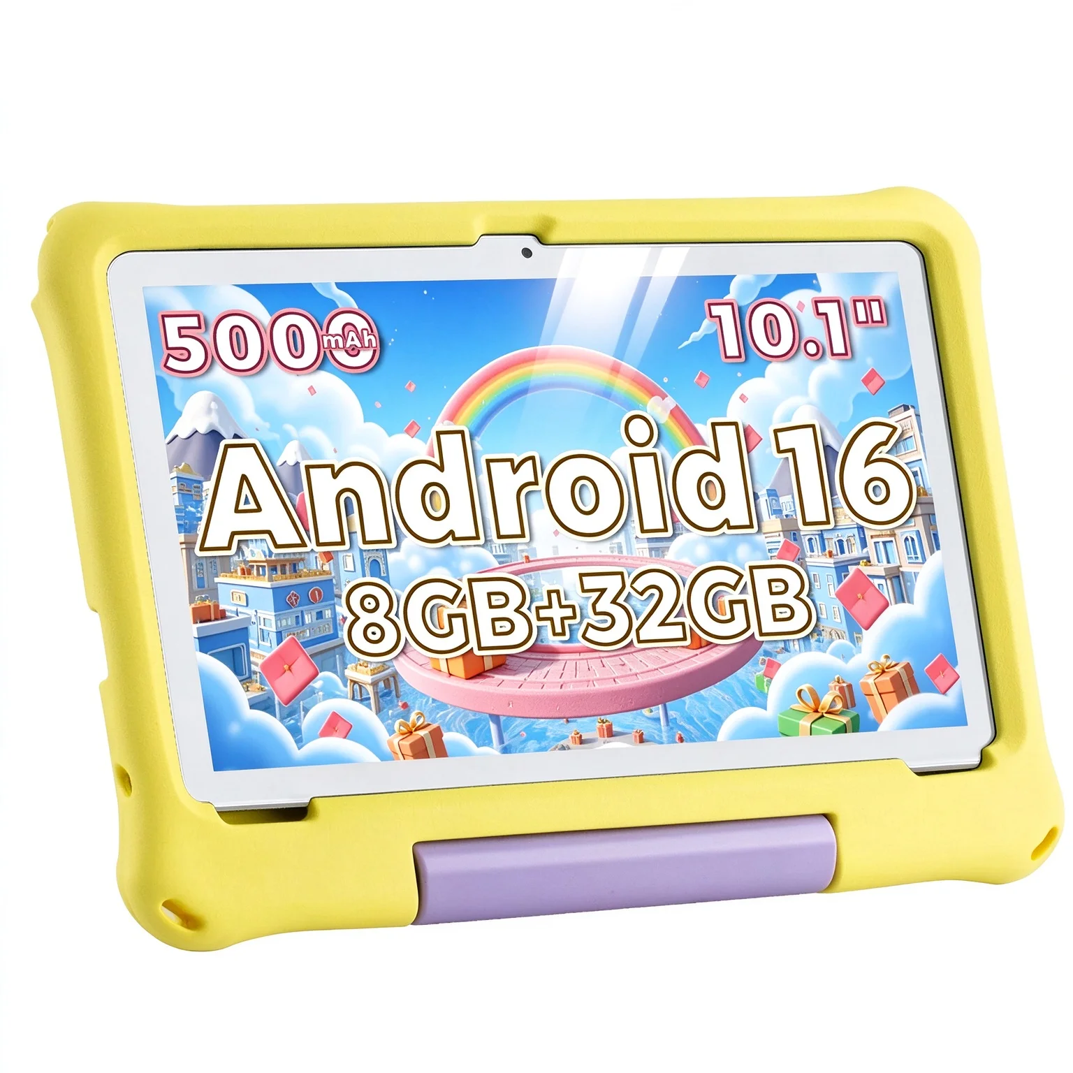 어린이용 태블릿, 10.1인치 HD, 안드로이드 운영체제, 8GB RAM + 32GB 저장 공간 + 1TB 확장 가능, Wi-Fi 6 지원, 눈 보호 기능, 5000mAh 배터리, 충격 방지 케이스 포함, 어린이 학습용.