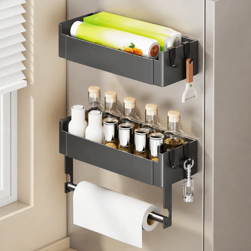 

Carbon Steel Refrigerator Magnetic Shelf Punch Free Large Capacity Spice Storage Rack Space Saving Wall Mounted