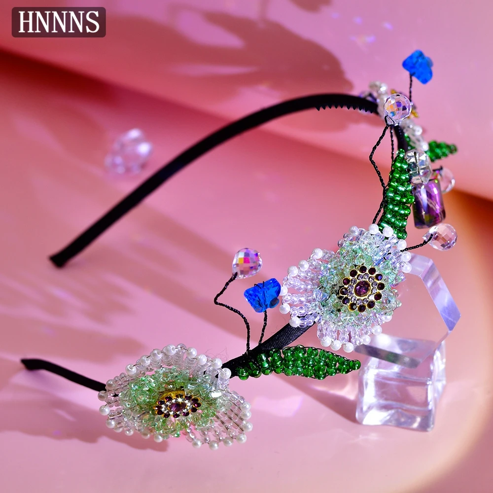 

HNNNS Crystal Flower Headband Geometric Beaded Hairband Green Small Fresh Hair Band Women's Fashion Jewelry Hair Accessories A69