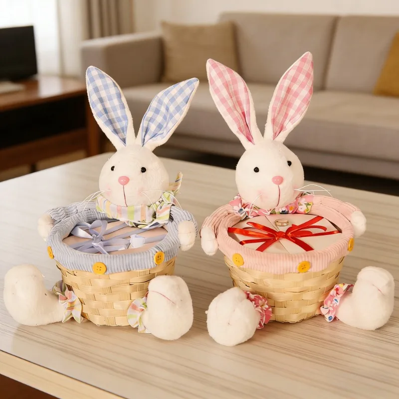 Cesta de dulces de Pascua tejida de bambú, impermeable, resistente al moho, cesta de flores de conejo de dibujos animados, cesta de regalo, decoración para sala de estar y dormitorio