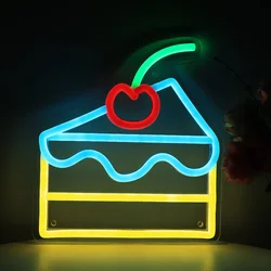 LED Cake with Cherry Neon Sign - USB Powered Wall Hanging Light for Dessert Bakery, Coffee Shop, Restaurant, Kitchen Decoration