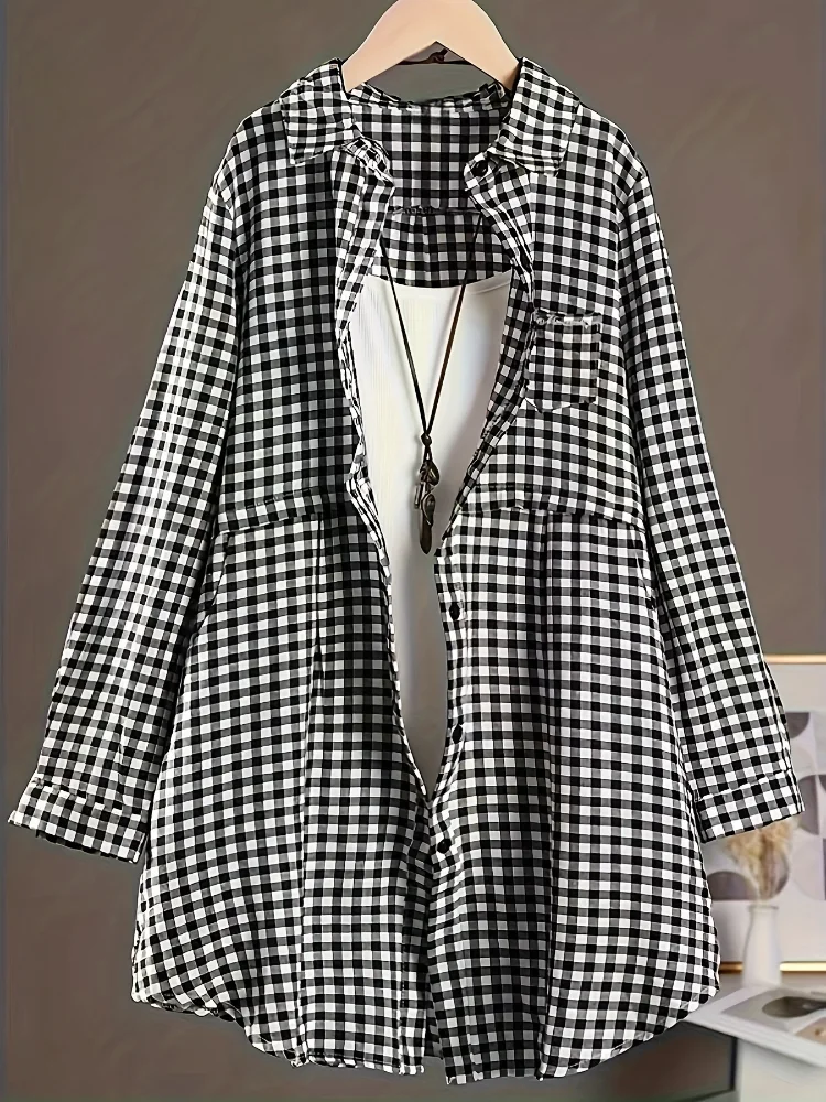 Plus Size New Korean Fashion Blouses Plaid Button Solid Midi Autumn Shirt Female All-match Loose Long Sleeve Polo-Neck Blouse