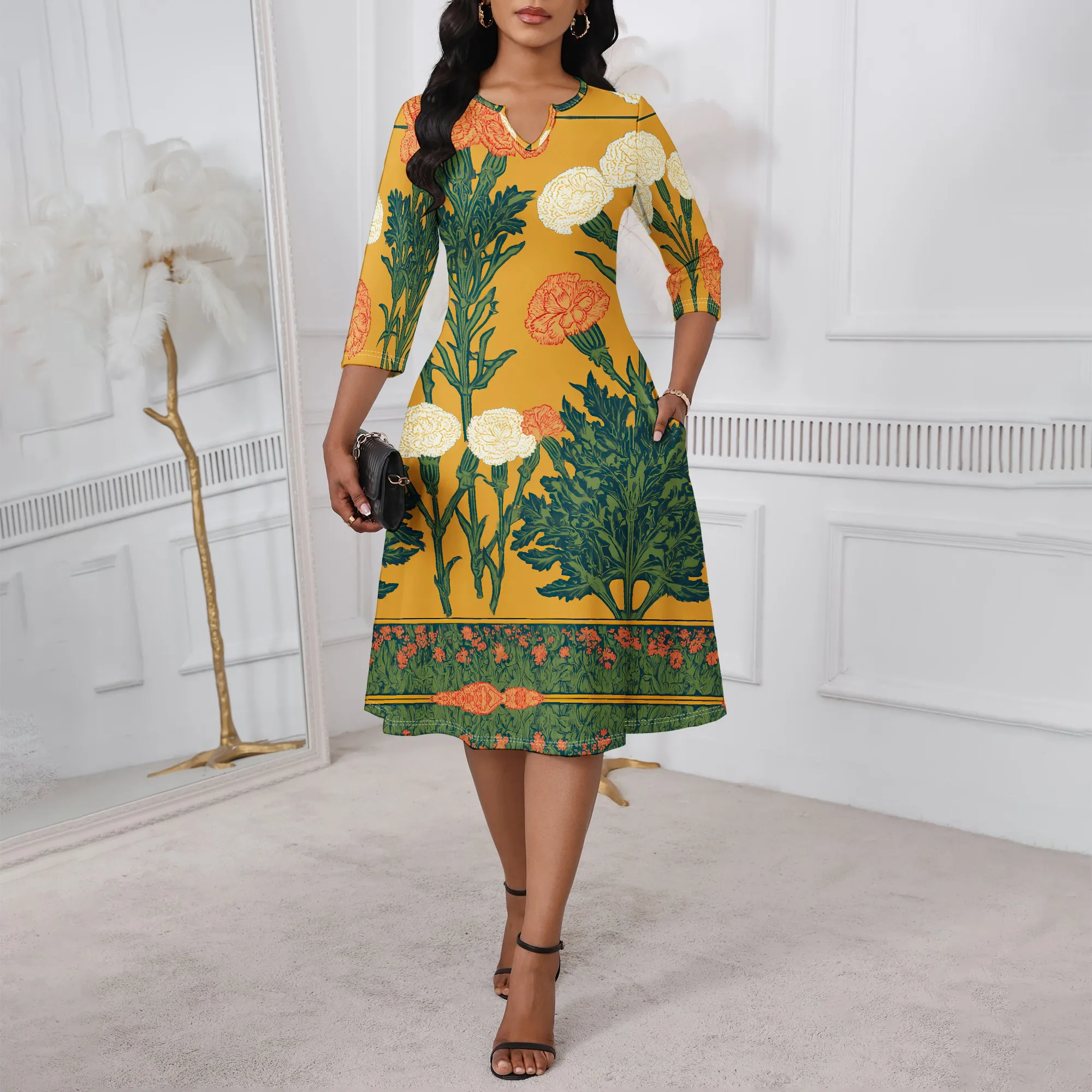 

Marigold Botanical A-Line Dress XS-3XL 3/4 Sleeve Vintage Style for Easter Sunday, Mother’s Day or Spring Garden Event Look