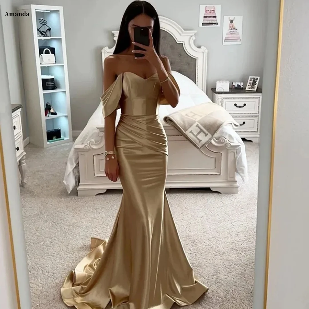 Amanda Customized Gold Off-the-shoulder Sweetheart Satin Ruched Mermaid Train Maxi vestidos de noche Elegant Formal Evening Prom