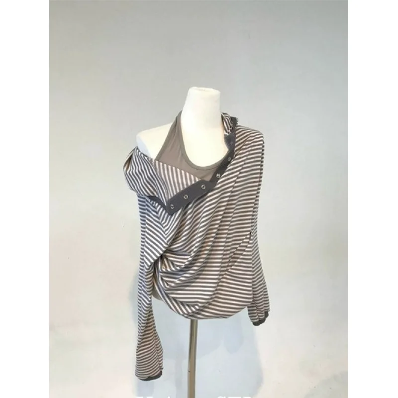 European and American original style concealed button hooded long sleeved striped top casual women's hooded T-shirt top