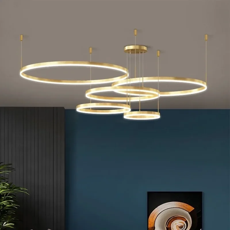 2024 Modern Led Chandelier Acrylic Brushed Rings Ceiling Home Lighting Mounted Dinning Table Hanging Lamp Gold&Coffee Color