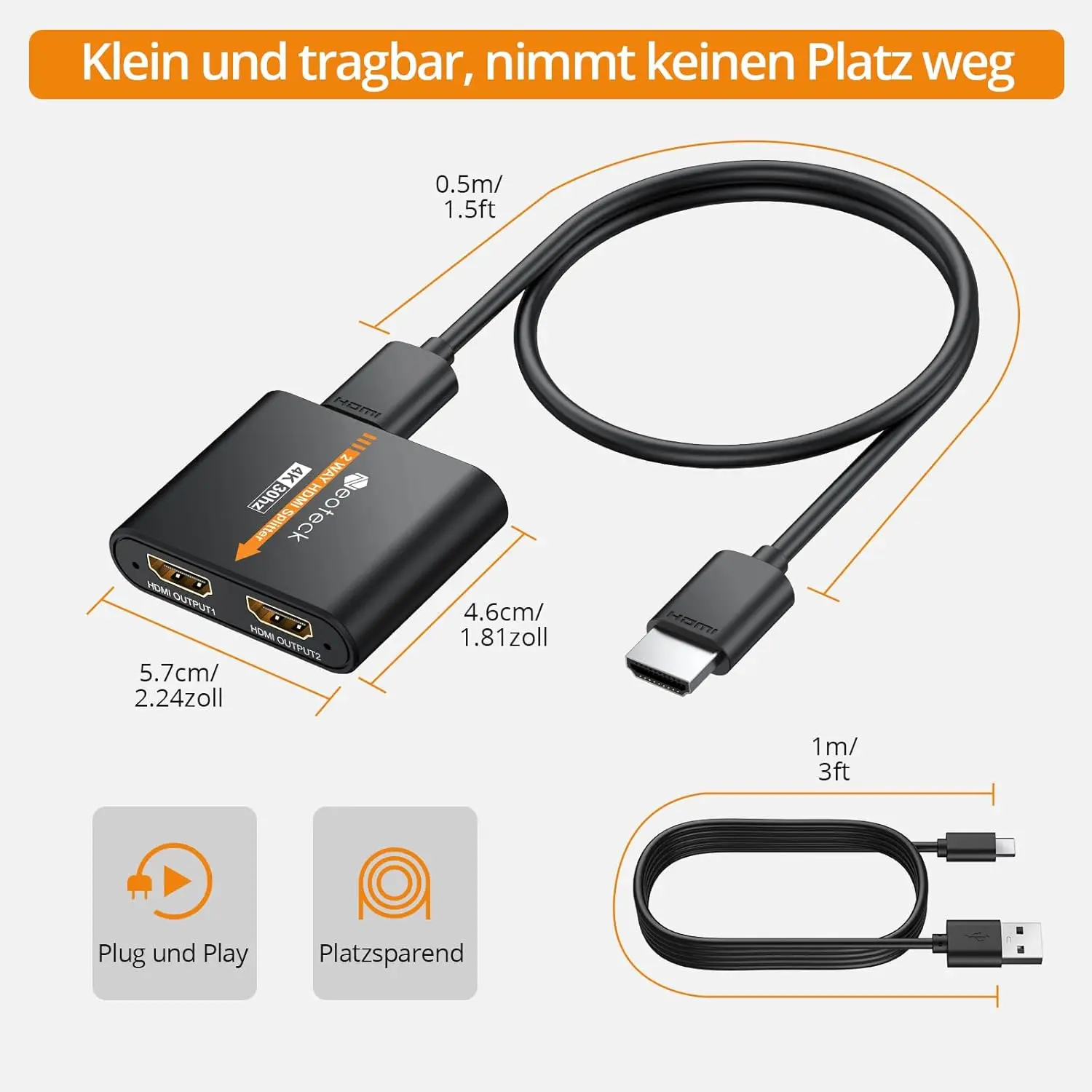 Neoteck HDMI Splitter 1:2 - 4K@30 هرتز، 3D، 0,5 متر HDMI-Kabel fazer Dual-Monitore، Familien & Gamer