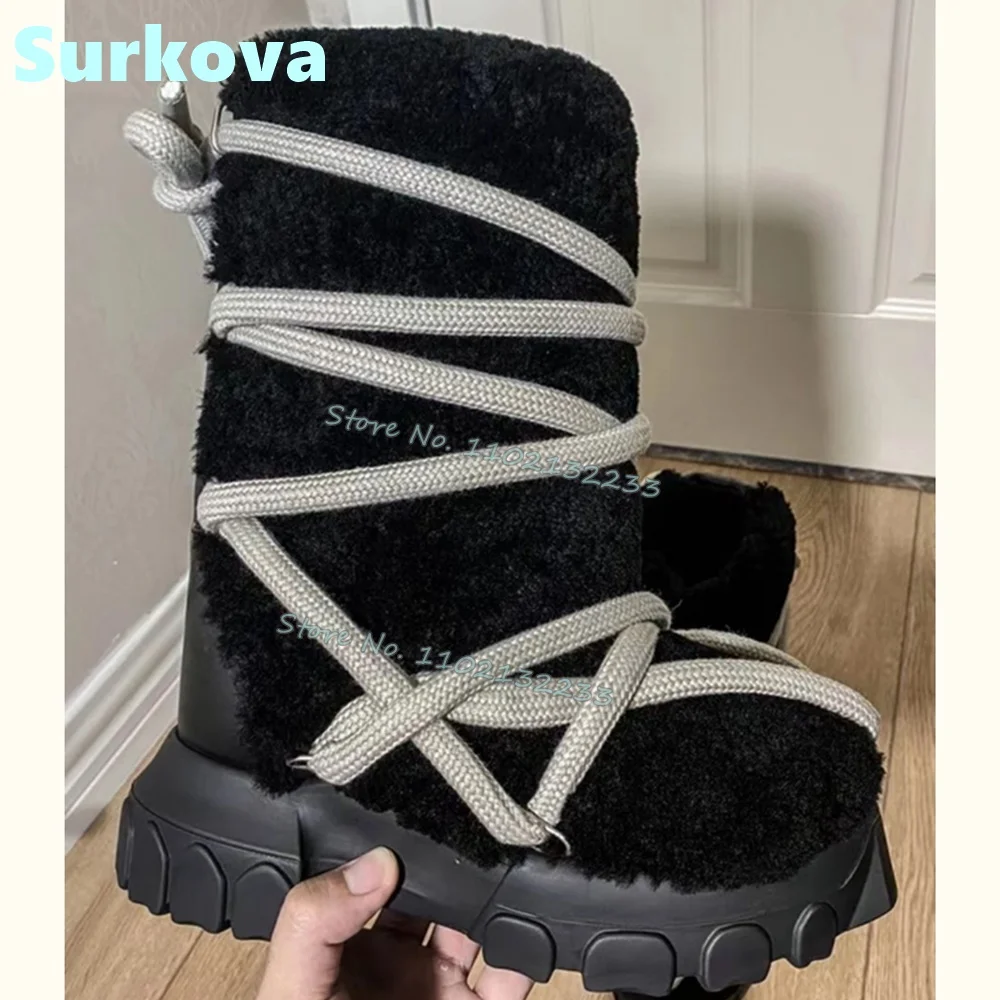 Black Plush Thick Sole Snow Boots Square Toe Cross Strap Ankle Boots Winter Fashion Warm Dress Daily Black Women Shoes Newest