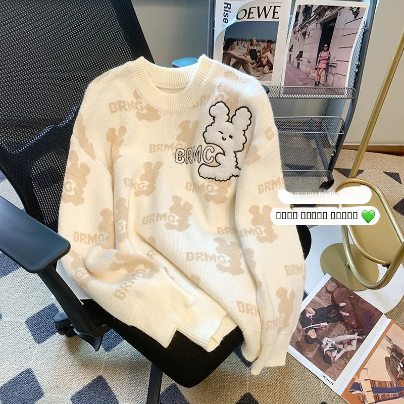 

Japanese Sle Soft Cute Rabbit Knitted Sweater Women's Loose Lazy Oversize Autumn Winter Long Sve round Ne Woolen Sweater