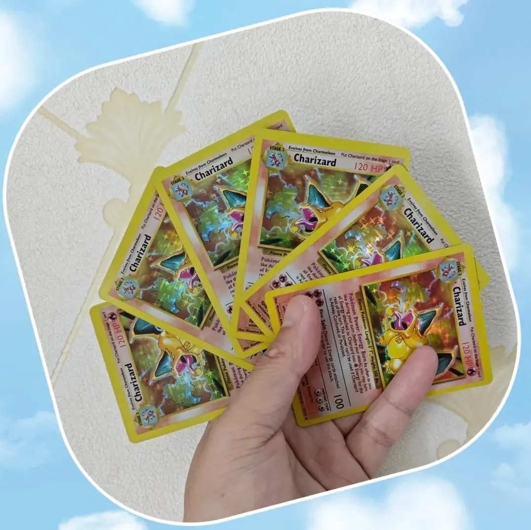 

PTCG Pokemon DIY English Edition Holographic Partial Flash Stage 2 Charizard 120 HP Fire Spin Anime Figure Collection Flash Card