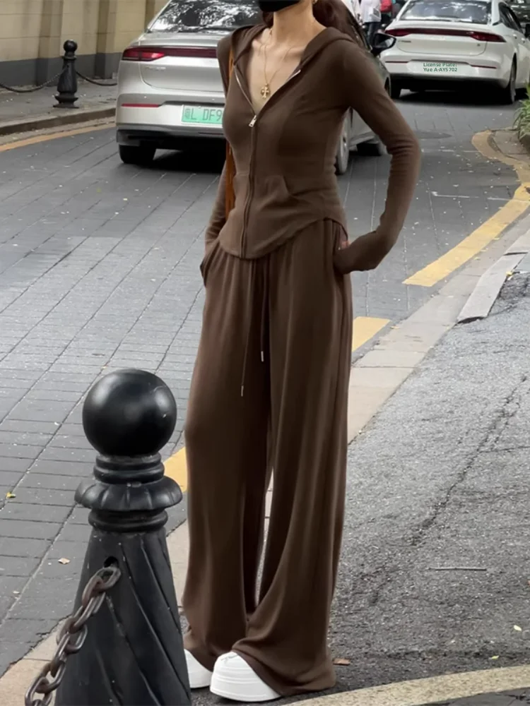 

Slimming High Waist Wide Leg Pants Top Set Women's Casual Sportswear Spring New Style Design Hat Long Sleeve Two-Piece Set