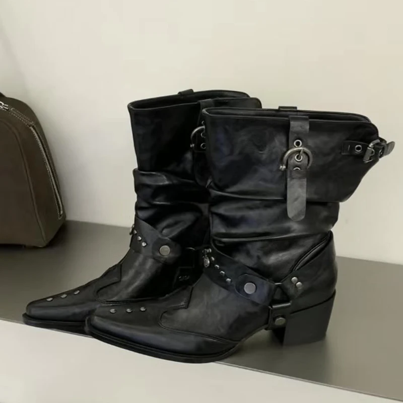 Eilyken New Design Rivet Buckle Strap Ankle Boots Woman Pointed Toe Square Low Heels Shoes Fashion Chelsea Botas De Mujer