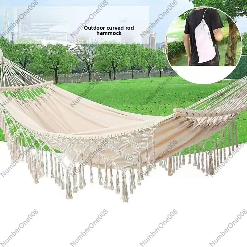 Outdoor Hammock Cotton Rope Hammock for Indoor Camping Hanging Chair with Tassel Bend Bar Portable