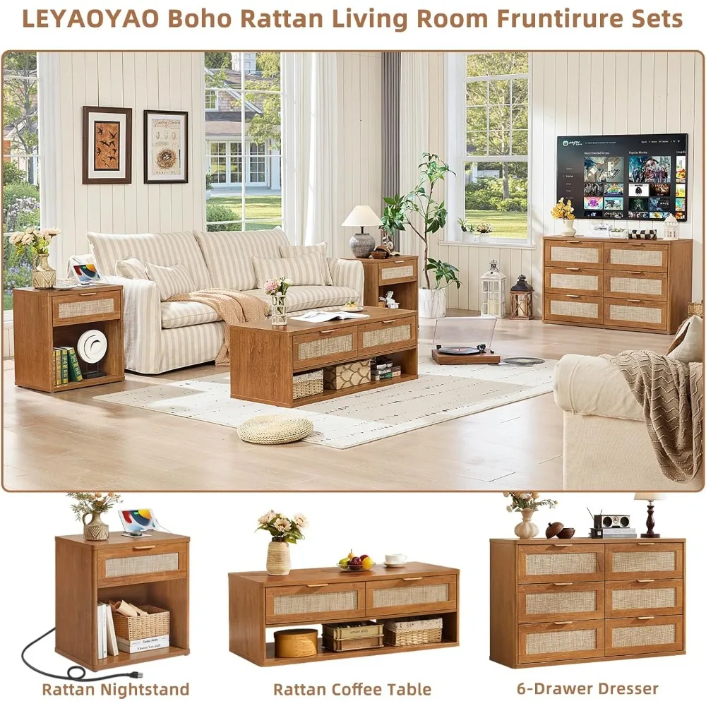 48" Farmhouse Boho Rattan Coffee Table with 2 Woven Drawers,Rectangular Coffee Tables with Hidden Storage Compartment,C