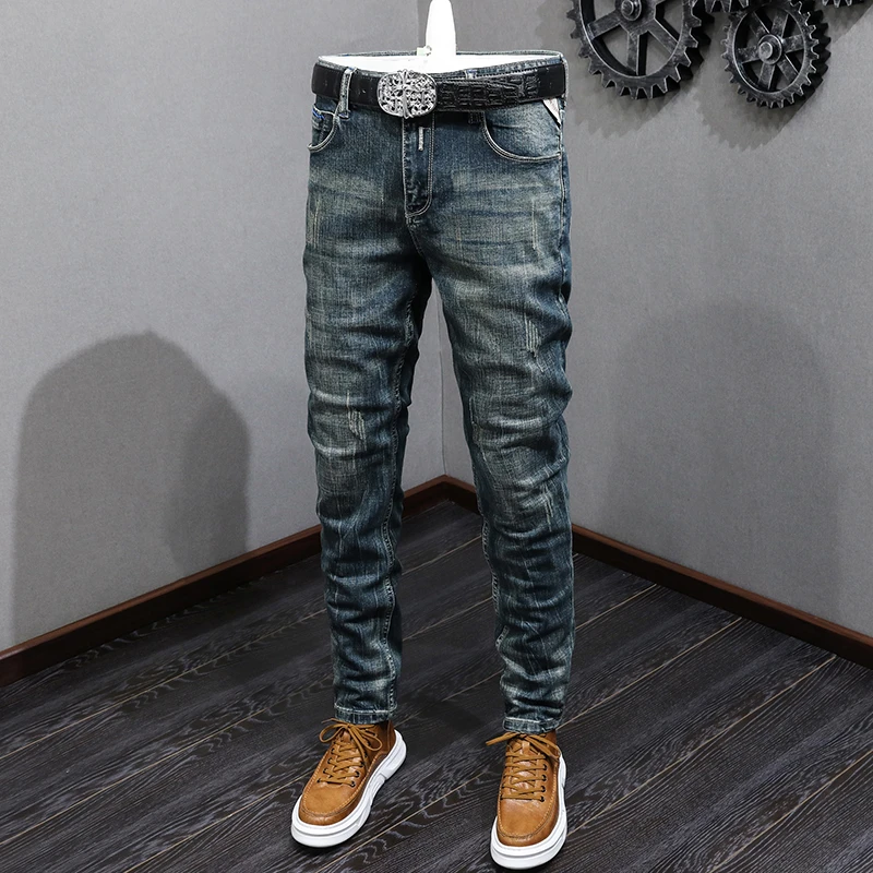 

American Retro Scrape Jeans for Men2024High-End Men's Slim Fit Ankle-Tied Trendy Fashion Wash Classic Motorcycle Trousers