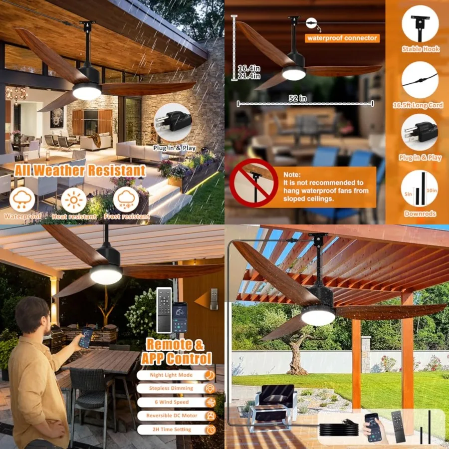 Outdoor Ceiling Fan with Light: Gazebo Fan Outdoor Hanging - Plug in Fan for Patio Waterproof - Dimmable Fans with Lights Remot