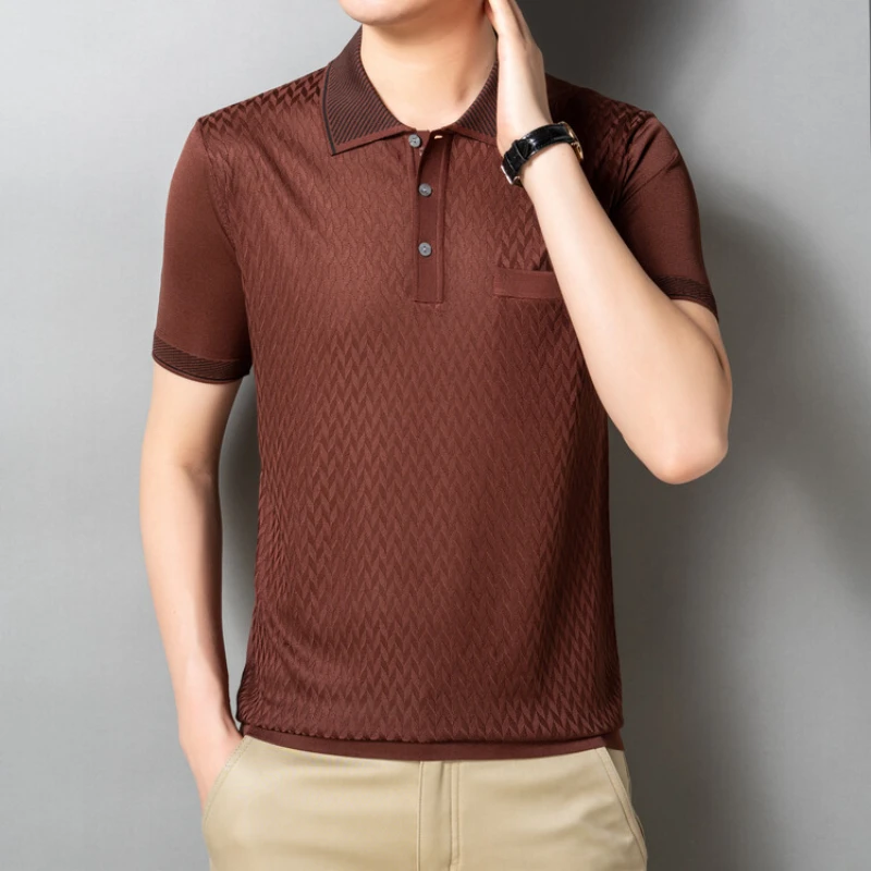 Summer 2024, Fashion Men's Knitwear Short Sleeve, High Quality Men's Clothing, Stretch Pullover Top, Lapel Short Sleeve T-shirt