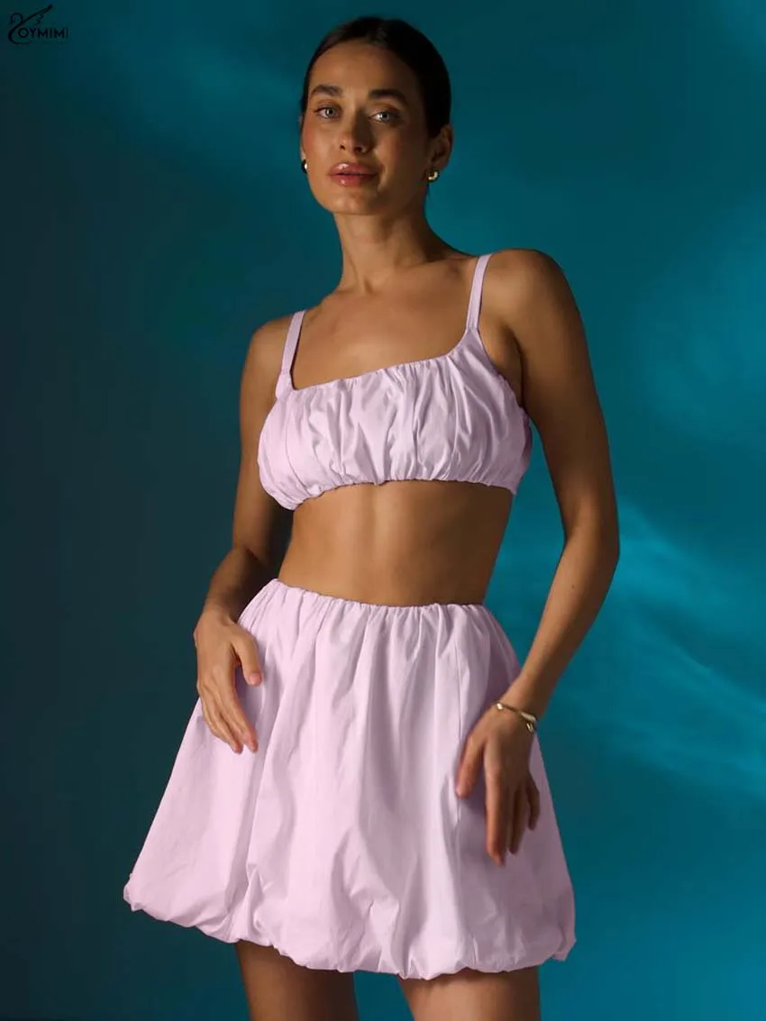 Oymimi Summer Pink Cotton Set Woman 2 Piece Casual Spaghetti Strap Slim Crop Tank Tops And Mid Waisted Pleated Mini Skirts Sets