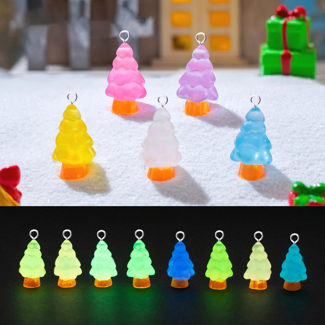 10pcs Kawaii Luminous Christmas Trees Charms for Jewelry Making Colorful Resin Pendant Diy Earring Necklace Findings C1343