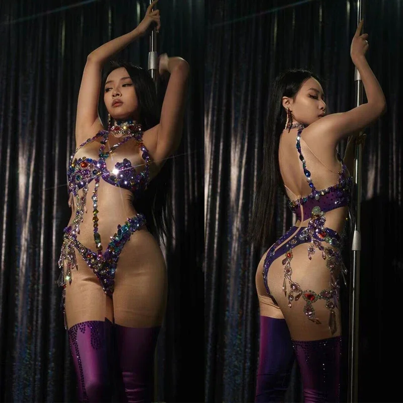 Kostium na urodziny, kolorowy kombinezon z dżetami, seksowny damski strój imitujący odkryte ciało, panterka, na imprezę w klubie nocnym, kostium tancerki gogo, strój sceniczny