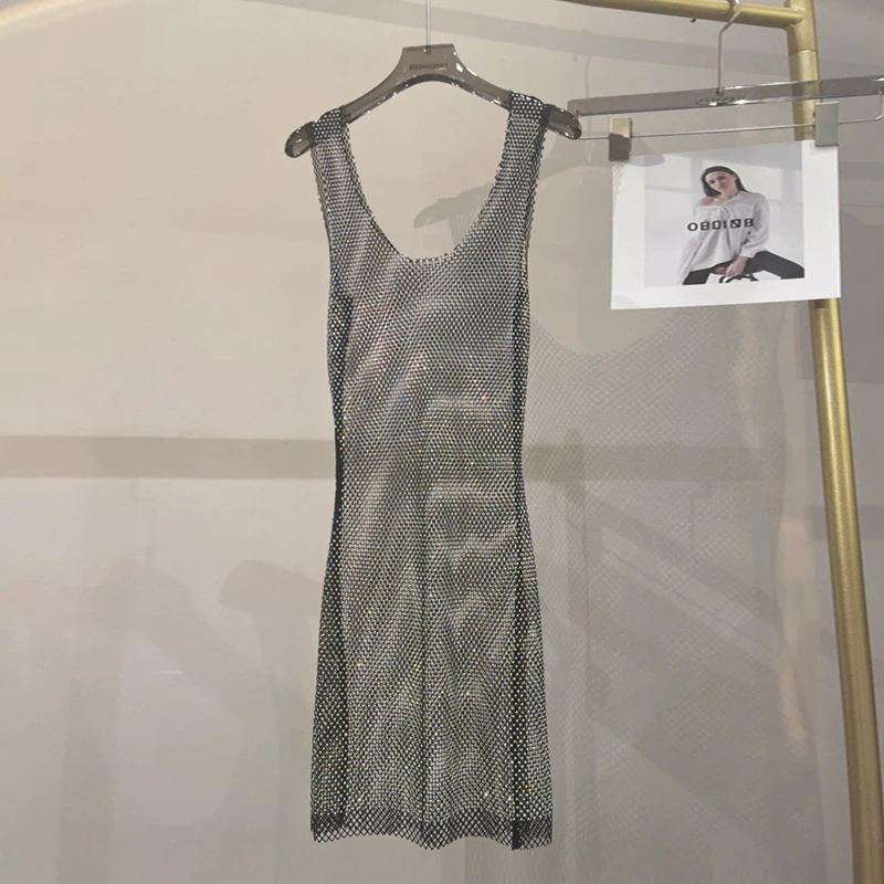 Damen Strass-Netzkleid Durchsichtiges Mesh-Midikleid Funkelndes Transparentes Bodycon-Partykleid Nachtclub-Outfit Festival-Rave-Outfit – Detail 8