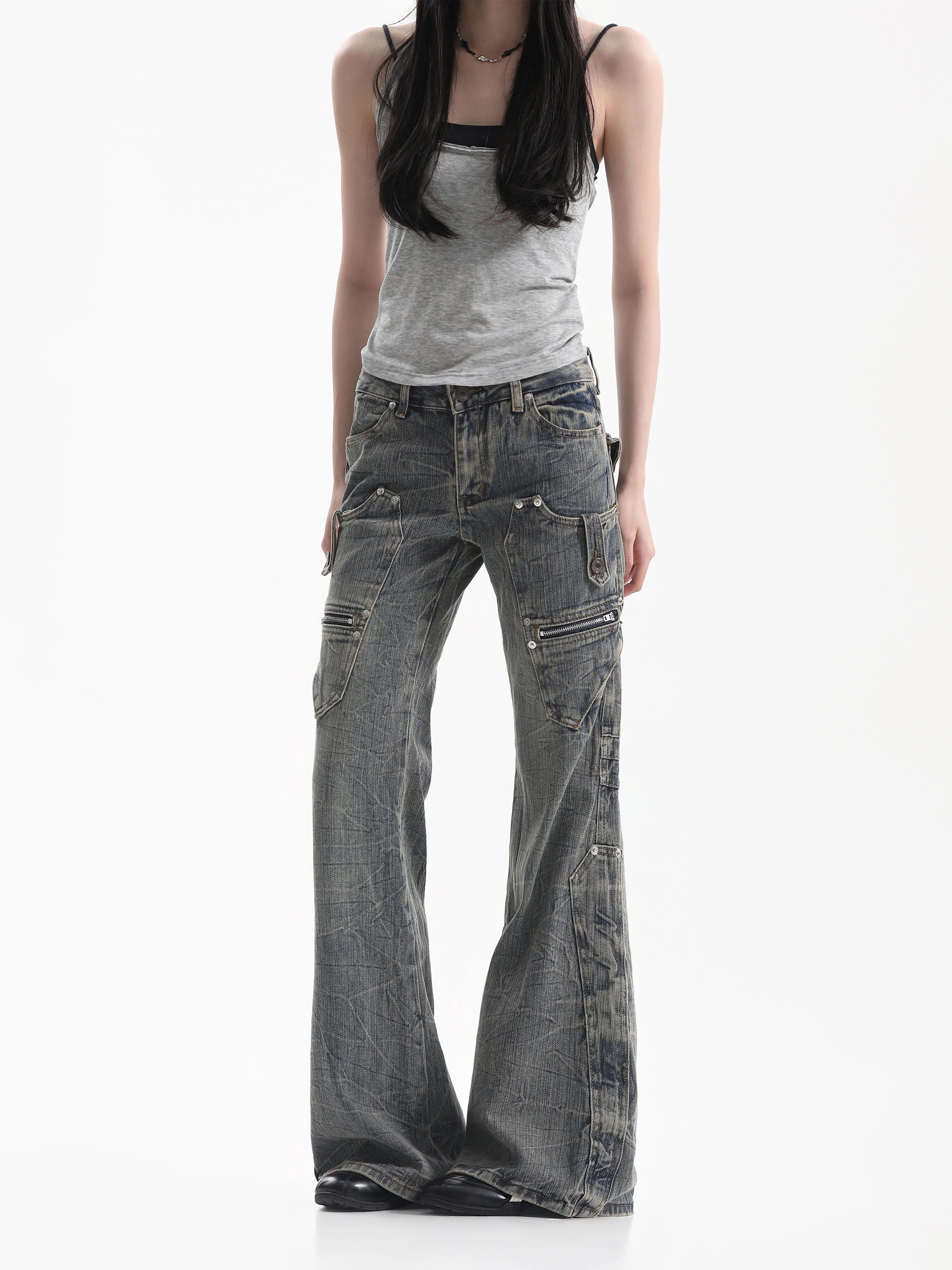 Washed Denim Micro Flared Pants Women's Multi Pocket Pleated Design American Style Lightweight Casual Jeans Loose Fit Jeans